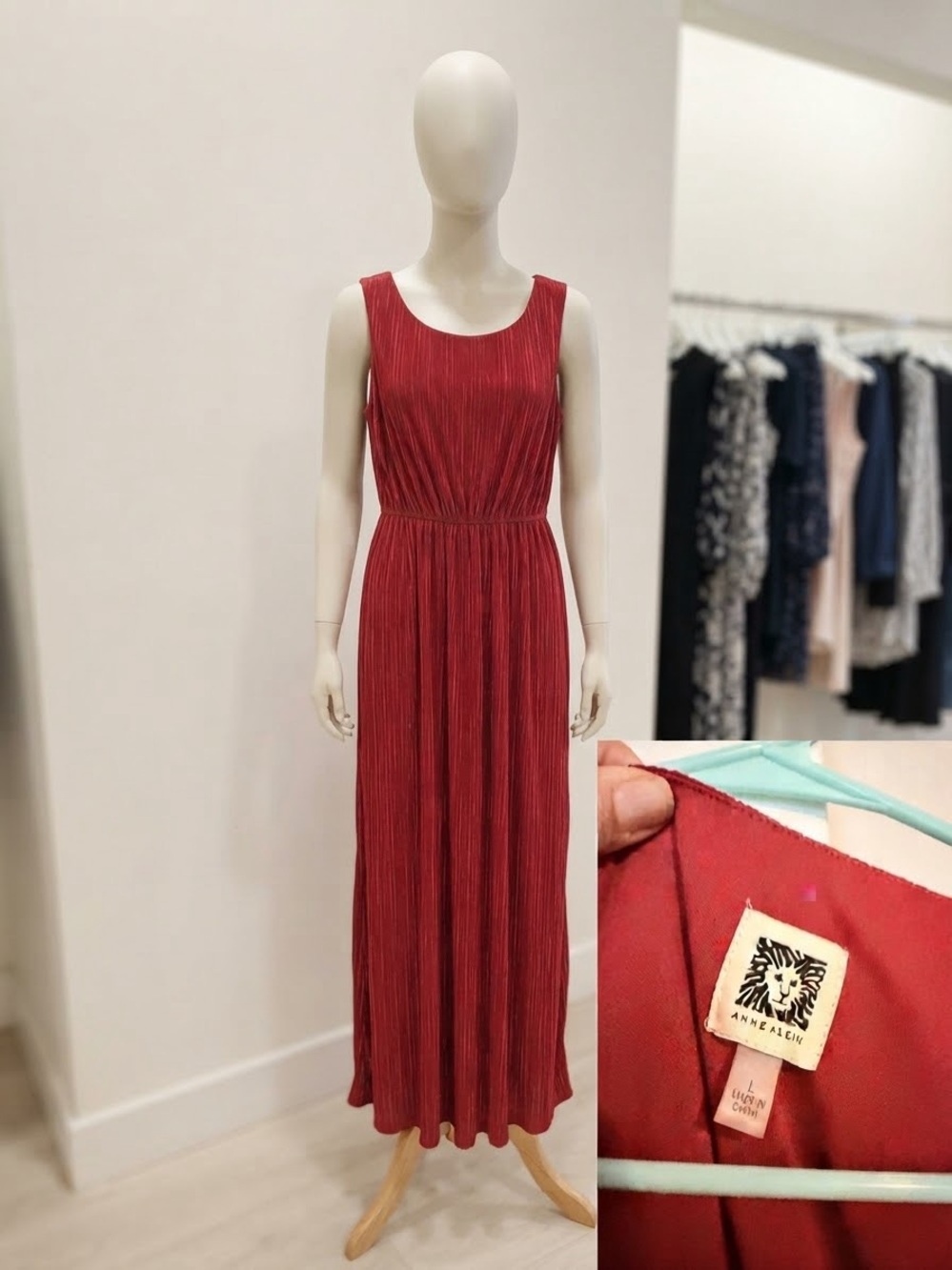 Anne Klein Red Pleated Sleeveless Midi Dress